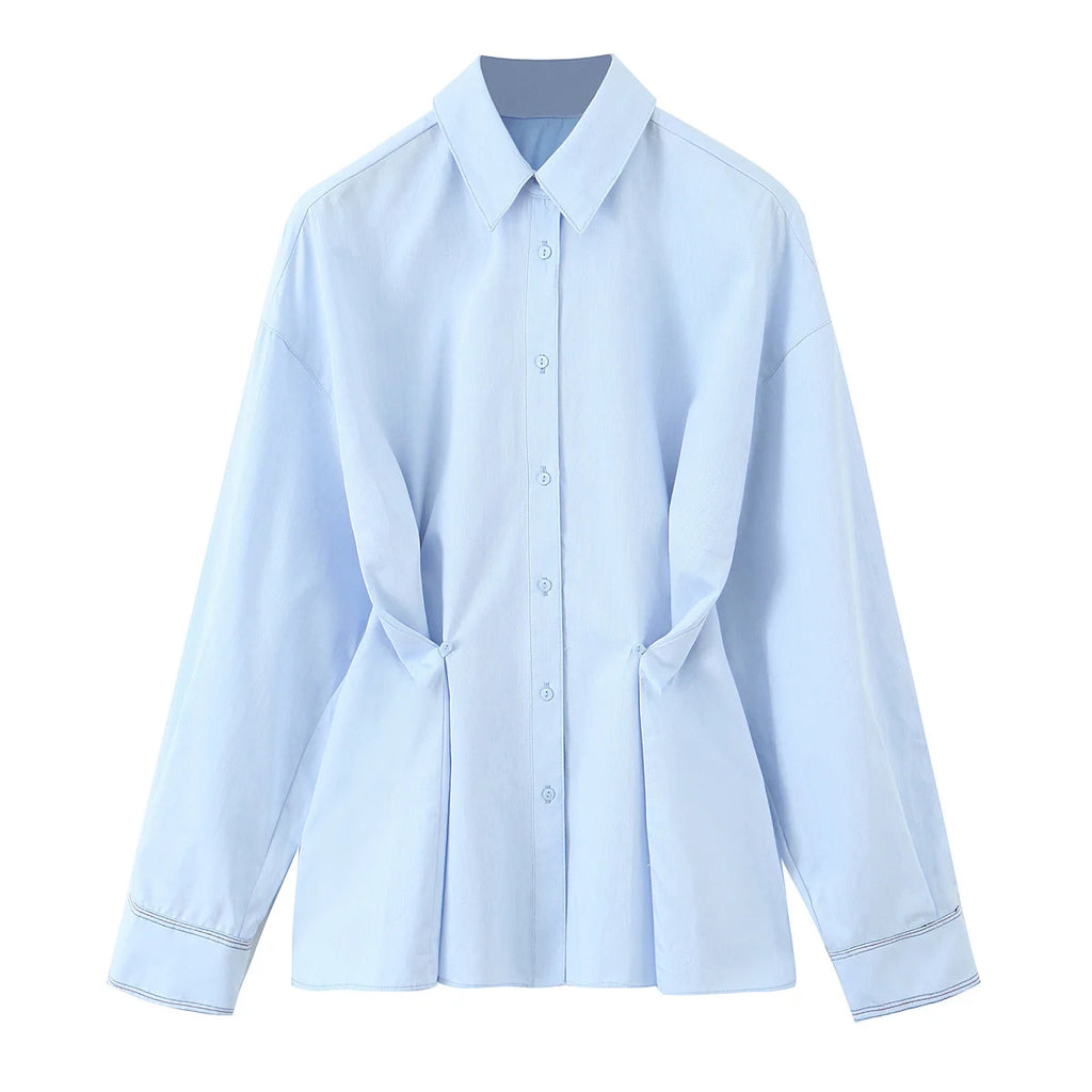 Light blue Women’s Casual Waist Button-Up Shirt Long Sleeve Lapel Solid Color Slim Fit Spring Blouse by UNIZERA.