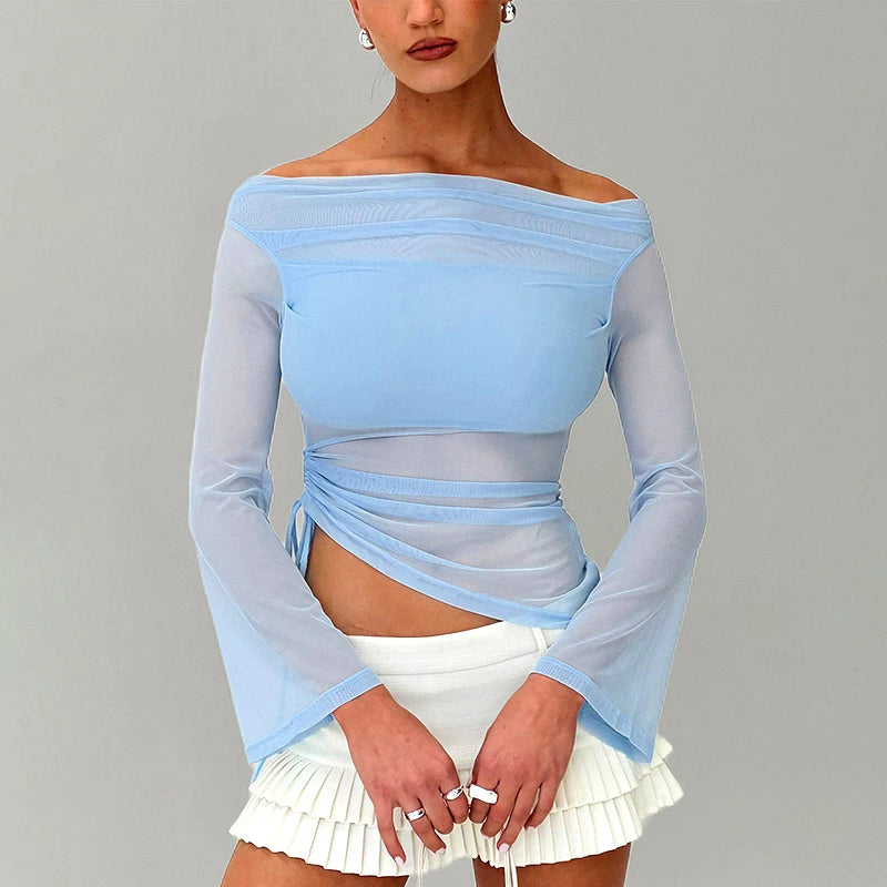 Solid Color Long Sleeve One Shoulder Mesh Top for Women - Stylish See Through Pleated Casual Autumn T-Shirt