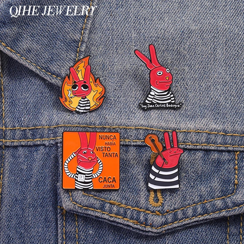 Humorous Anime Character Enamel Pins Red Eared Rabbit Brooch add fun to backpacks and jewelry, perfect for gifts.