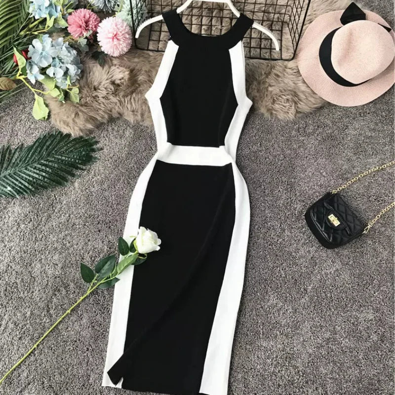 Knit O Neck Sleeveless Bodycon Midi Dress White Stripe