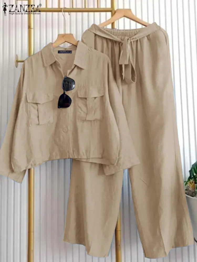 Women's Two-Piece Pantsuit Set With Turn-Down Collar And Ankle Length