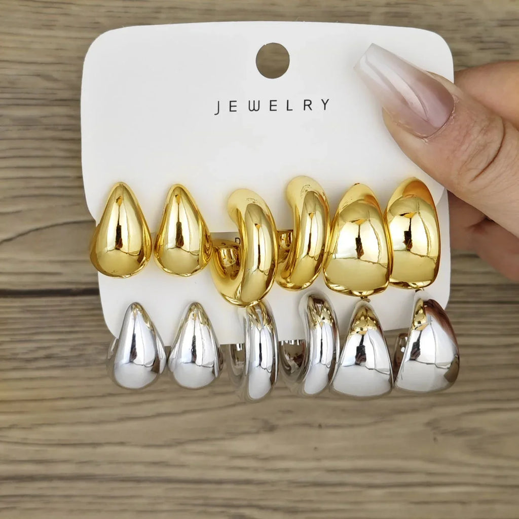 Add elegance to your look with the 6pcs Chunky Gold Plated Waterdrop Hoop Earrings Set for Women Elegant Minimalist Drop Jewelry.