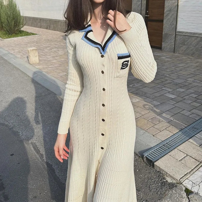 Knitted Sweater Dress With Embroidery Pocket Long Sleeve