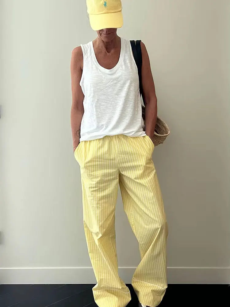 Yellow Striped High Waist Drawstring Trousers For Women Cozy Casual Long Pants