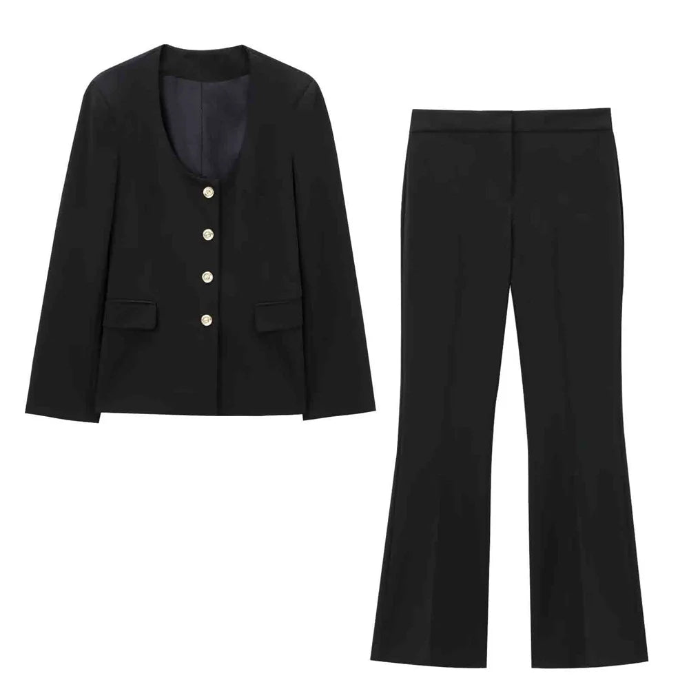 Casual Women's Long Sleeve Round Neck Suit Coat with High Waist Trumpet Pants Set for Elegant Slimming Silhouette by UNIZERA.