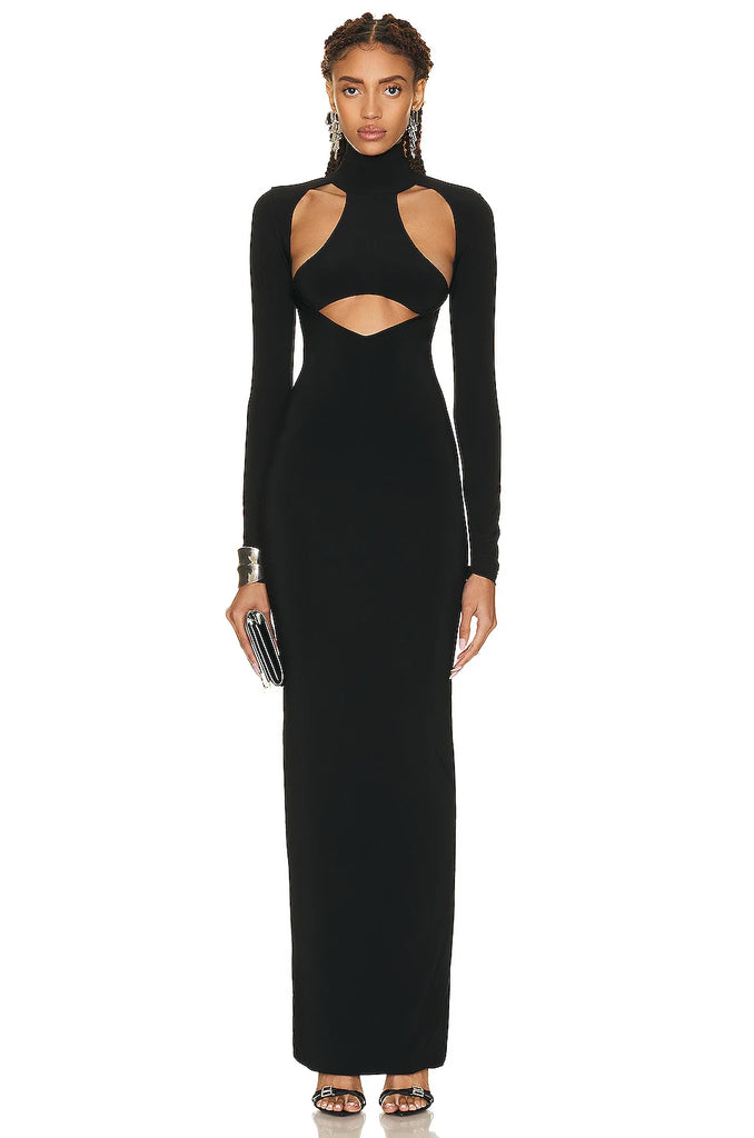 Women Black Backless Bandage Maxi Dress Hollow Long Sleeve
