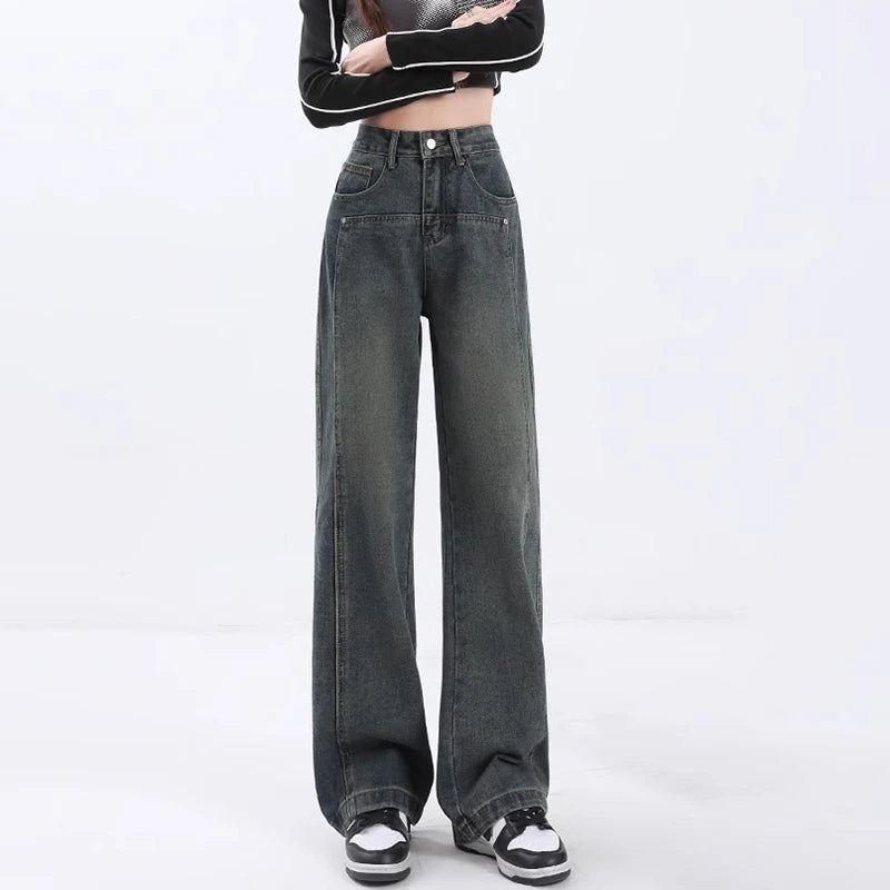 Women High Waist Wide Leg Jeans Boyfriend Fit Denim Pants