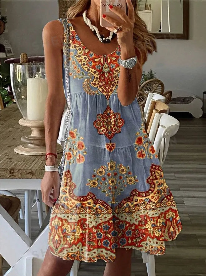 Summer Print Dress Sleeveless V Neck For Women Resort Wear