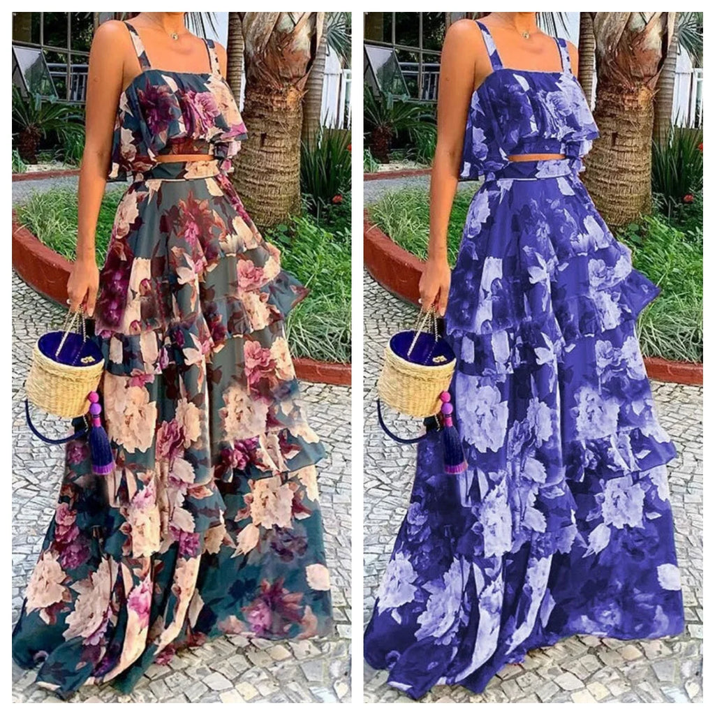 Printed Spaghetti Strap Two Piece High Waist Skirt Set