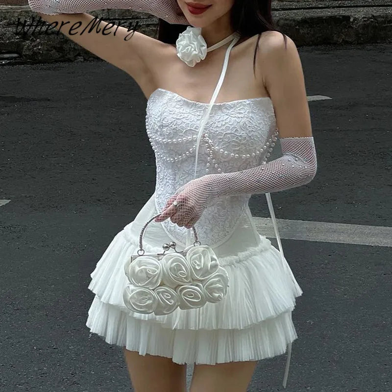 Solid Pearl Embellished Two Piece Set Sleeveless Floral Slim Fit Vest with Pleated Mini Skirt Summer Women’s Fashion Ensemble