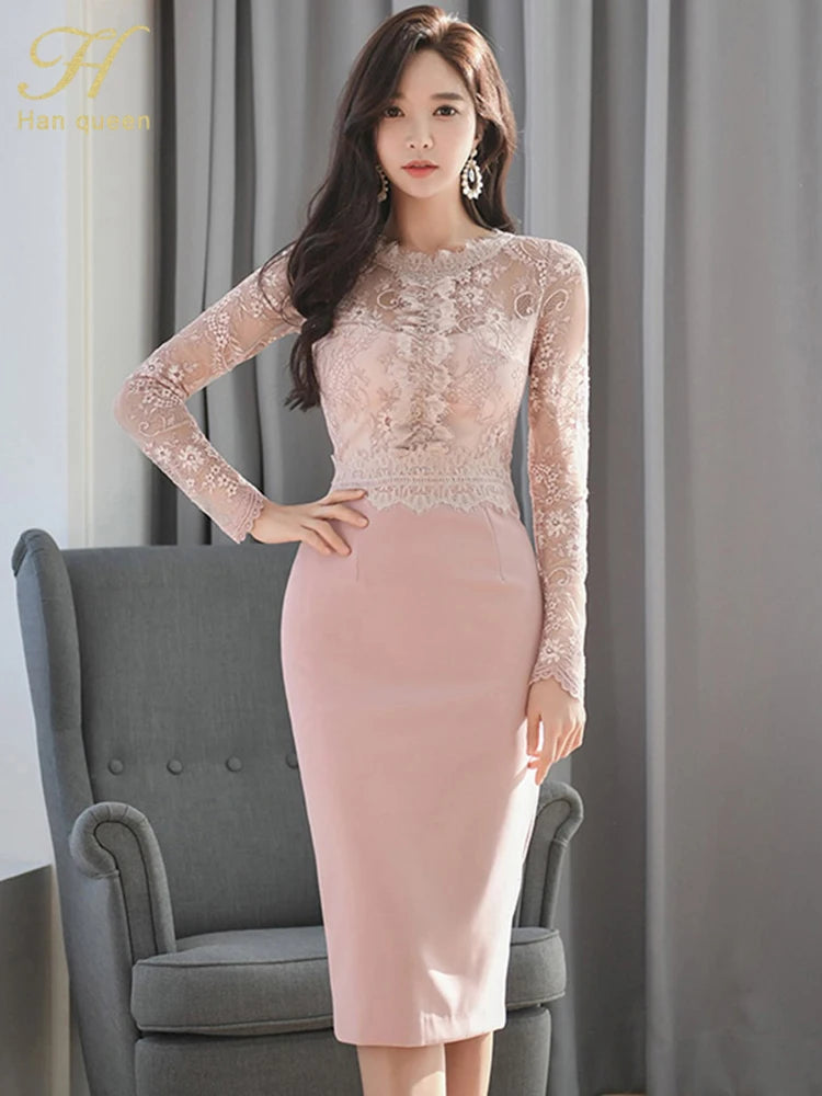 Korean Lace Bodycon Dress Women Office Sheath Pencil
