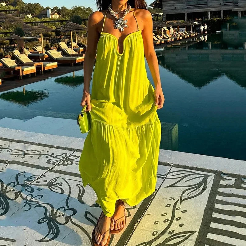 Summer Maxi Dress For Women Backless Halter Neck Beachwear