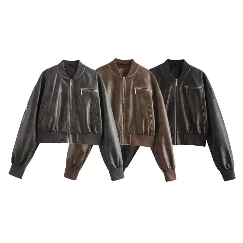 Women Leather Motorcycle Jacket Casual Stylish Threaded