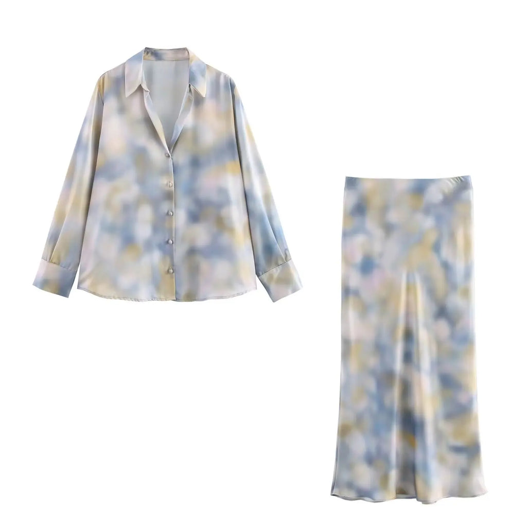 Women’s Tie Dye Texture Vertical Collar Shirt with High Waist Slimming Skirt Set Spring Casual Chic Elegant Outfit