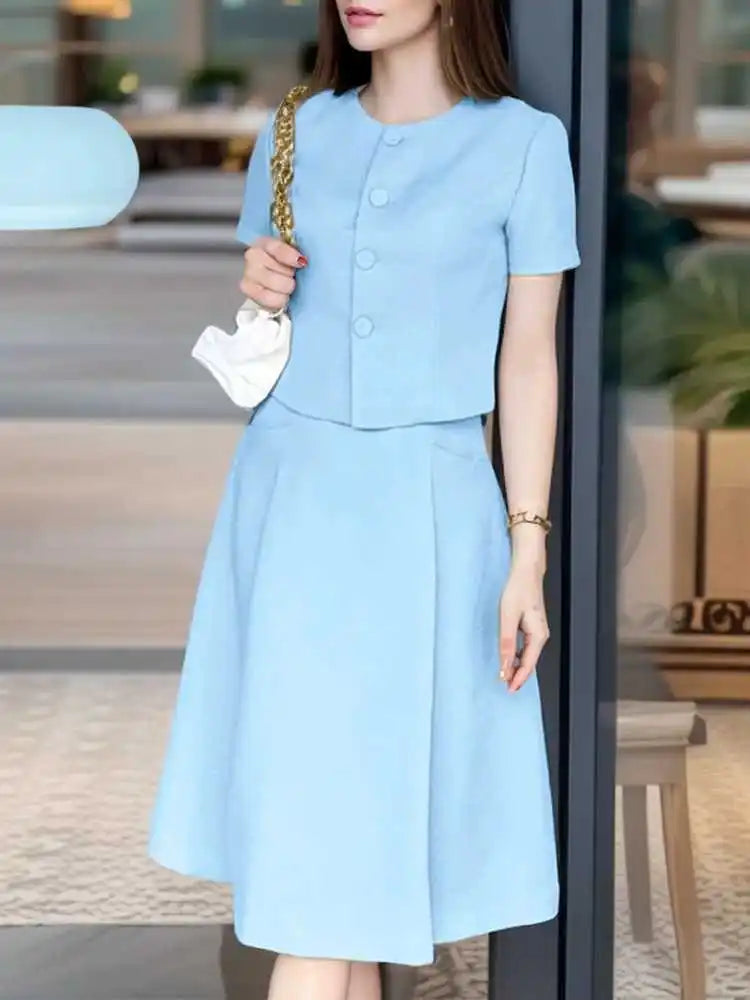 Women Two Piece Pleated Dress Set Office Wear Blouse Skirt