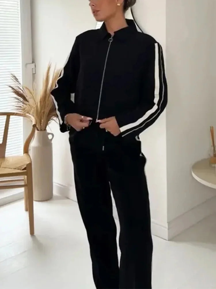 Women's Striped Two-Piece Suit Set With Zip Front Coat And High-Waist Wide-Leg Pants