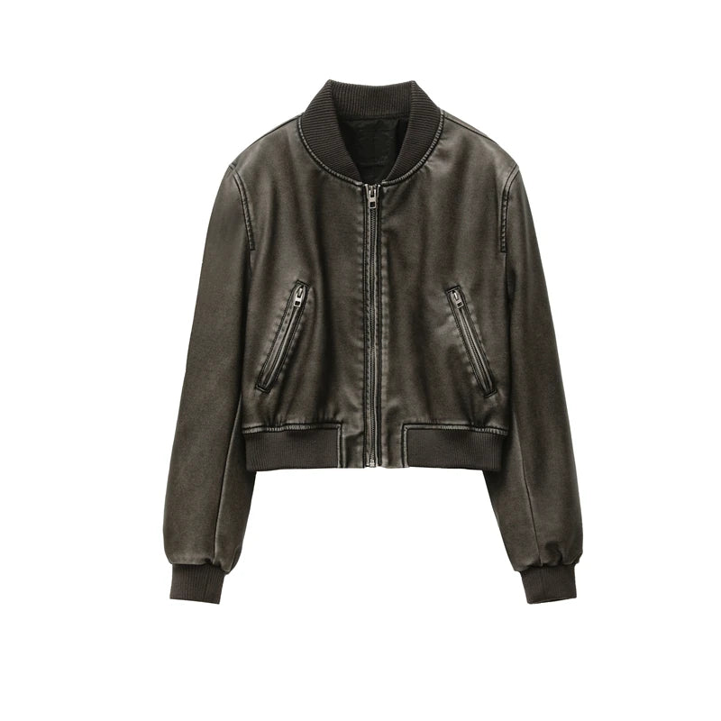 Ladies Faux Leather Bomber Jacket Vintage Style Coat