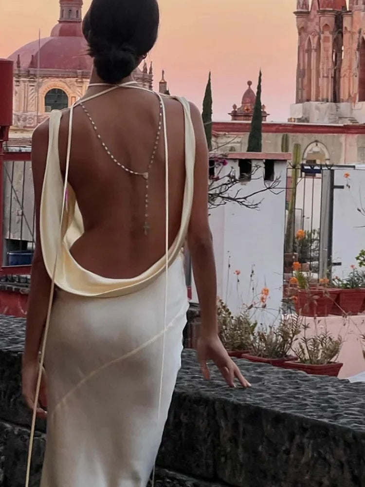 Backless Maxi Dress Women V Neck Lace Up Bodycon Clubwear