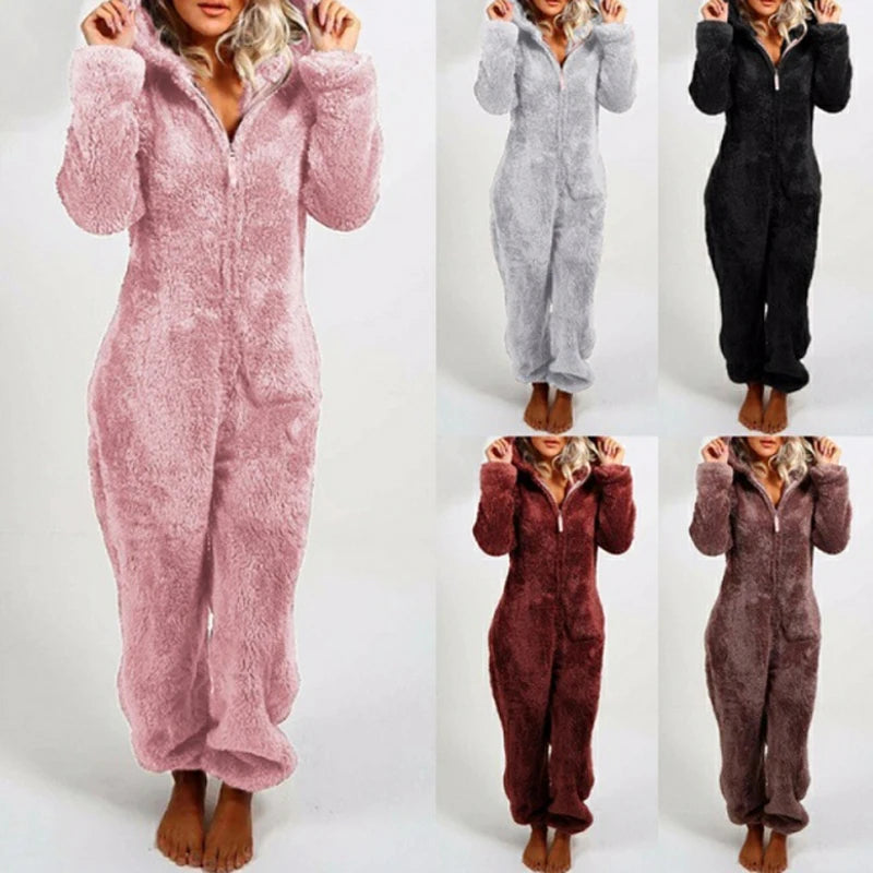 Cozy Women’s One-Piece Hooded Jumpsuit Thickened Full-Length Overalls for autumn and winter comfort in stylish colors.