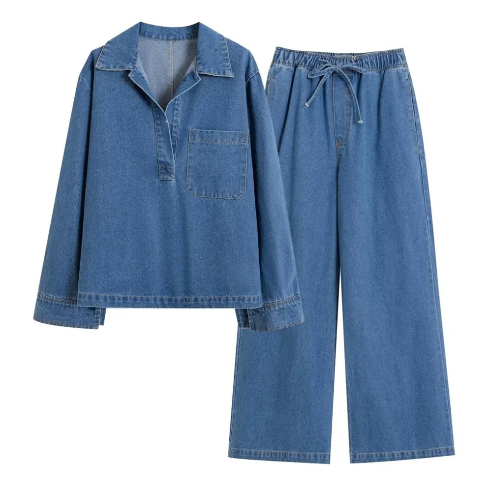 Women's Denim Two Piece Set With V Neck Loose Pullover Top And High Waist Trousers For Everyday Wear