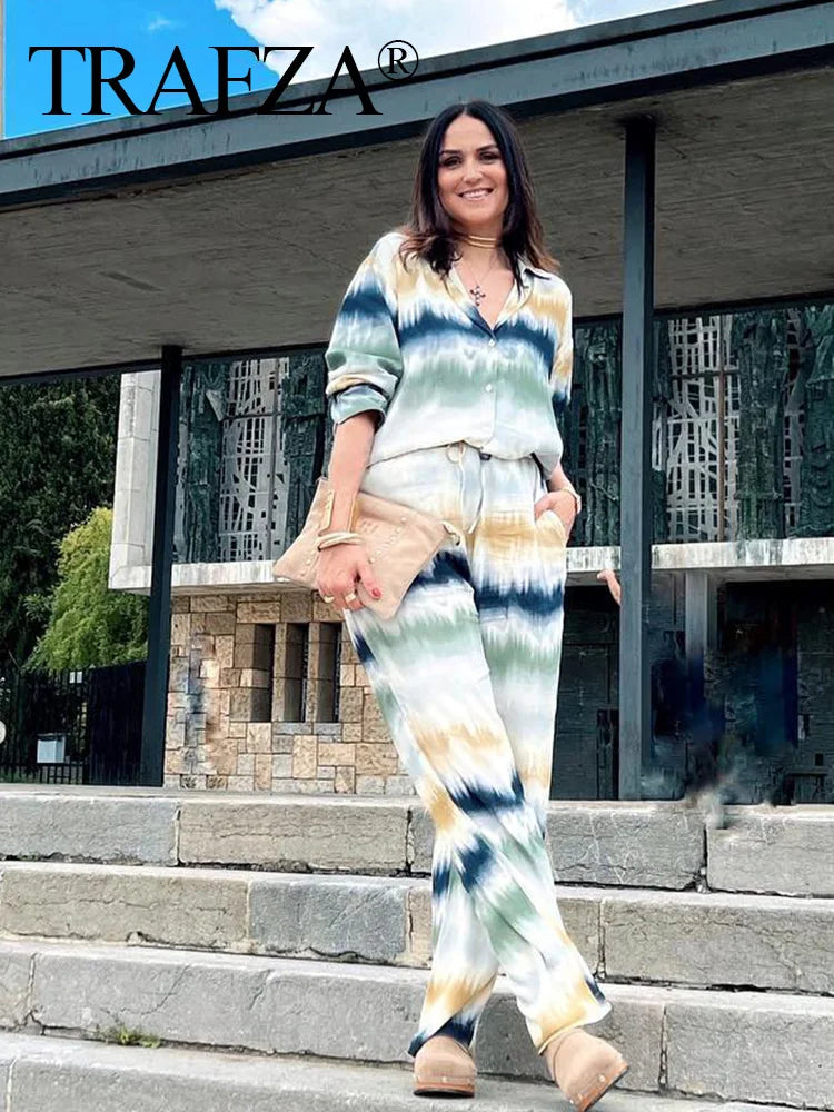 Stylish TRAEZA Women’s Casual Tie Dye Printed Shirt and Elastic Waist Loose Pants Set Summer Beach Holiday Outfit.