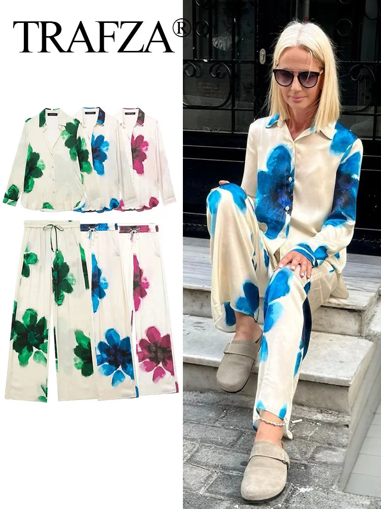 Stylish TRAFZA Elegant Floral Print Pant Set With Lapel Long Sleeve Loose Blouse And Drawstring High Waist Wide Leg Pants.