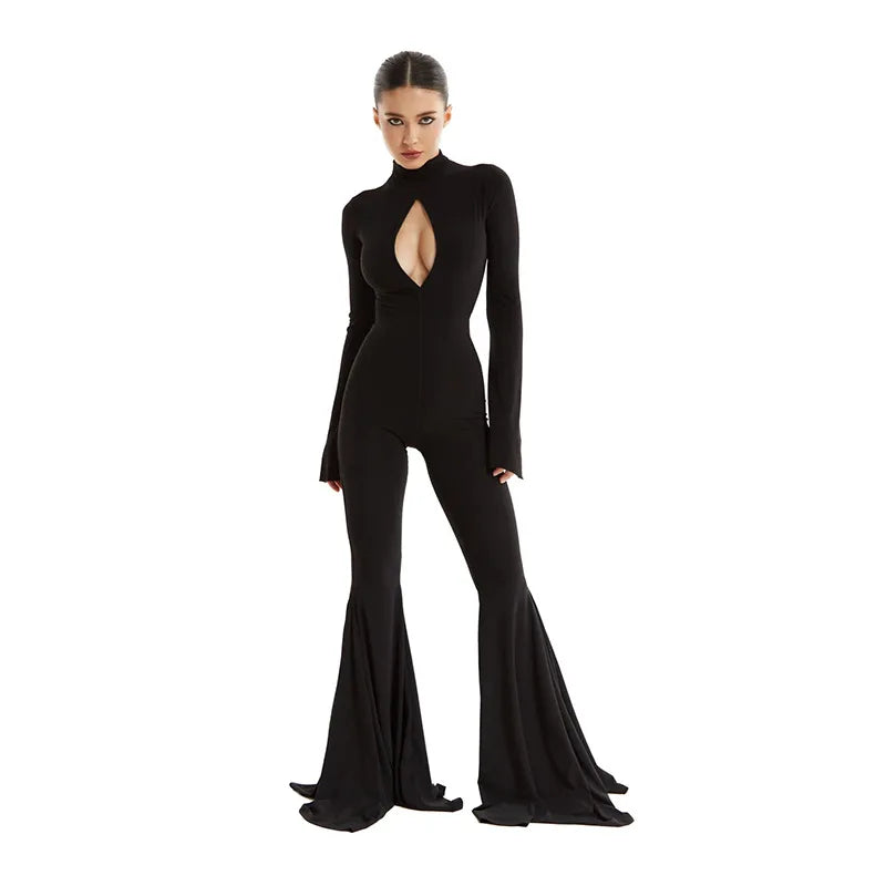 Sleek Slim Fit Hollow Out Long Sleeve Semi High Neck Jumpsuit with Elastic Waist, perfect for Y2K-inspired style.