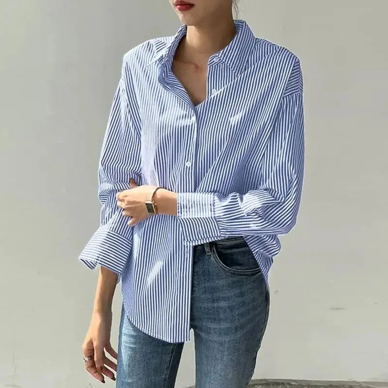 Stylish Women Casual Long Sleeve Blouse Blue Striped Turn-Down Collar Lightweight Shirt for Spring and Summer wear.