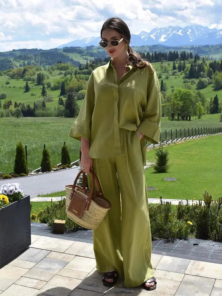 Women's Pants Set With Long Sleeve Blouse And Elastic Waist Trousers Casual Streetwear Outfit