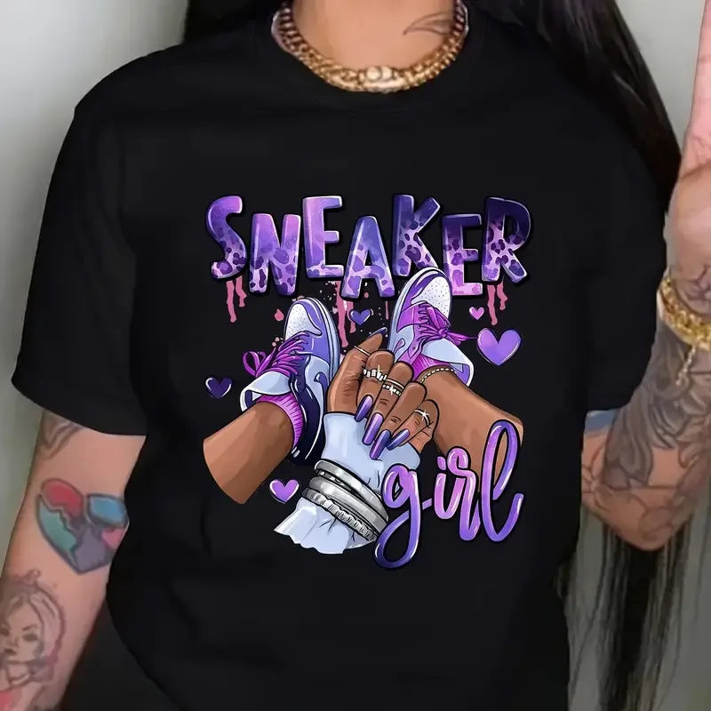 Sneaker Girl Graphic Print Casual T-Shirt for Women Short Sleeve Crew Neck Kawaii Tee