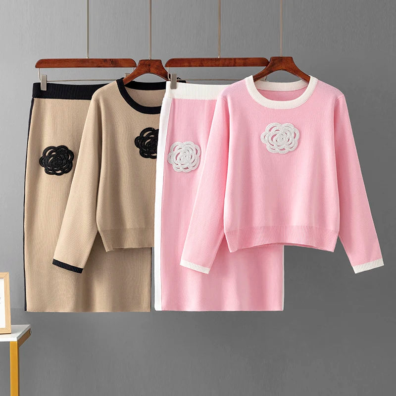 Korean Style Knitted Sweater Set O Neck Pullover Midi Skirt