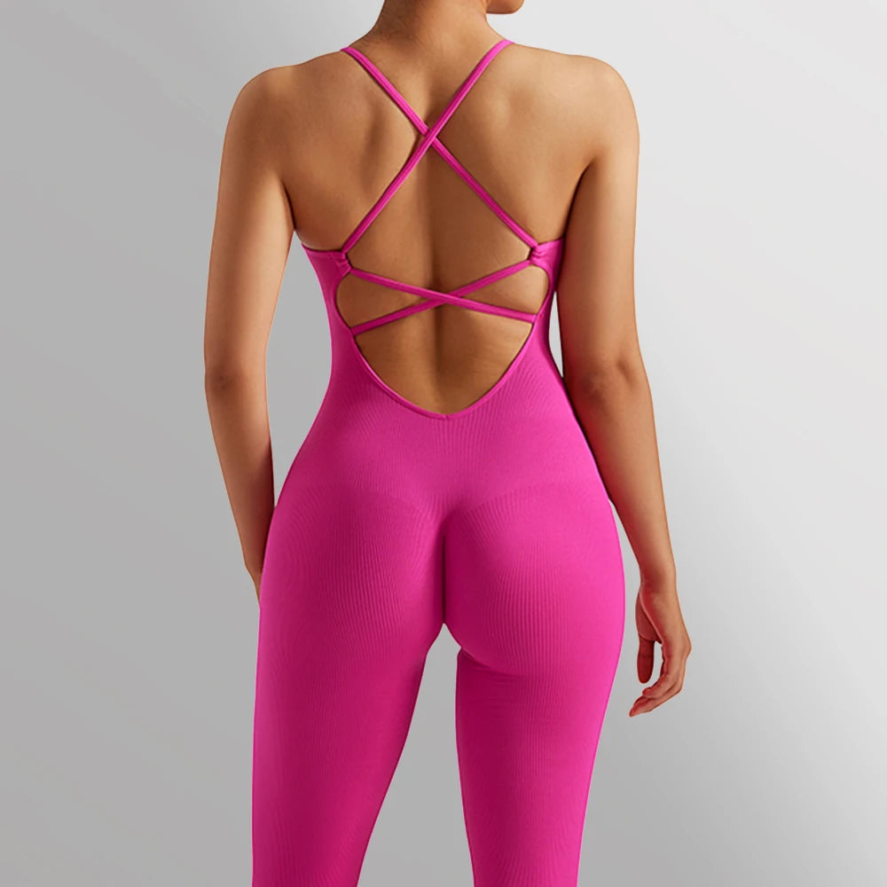 Solid Body-Shaping Sleeveless Skinny Jumpsuit Women Casual Square Collar One Piece Romper Sporty Bodysuit in vibrant pink.