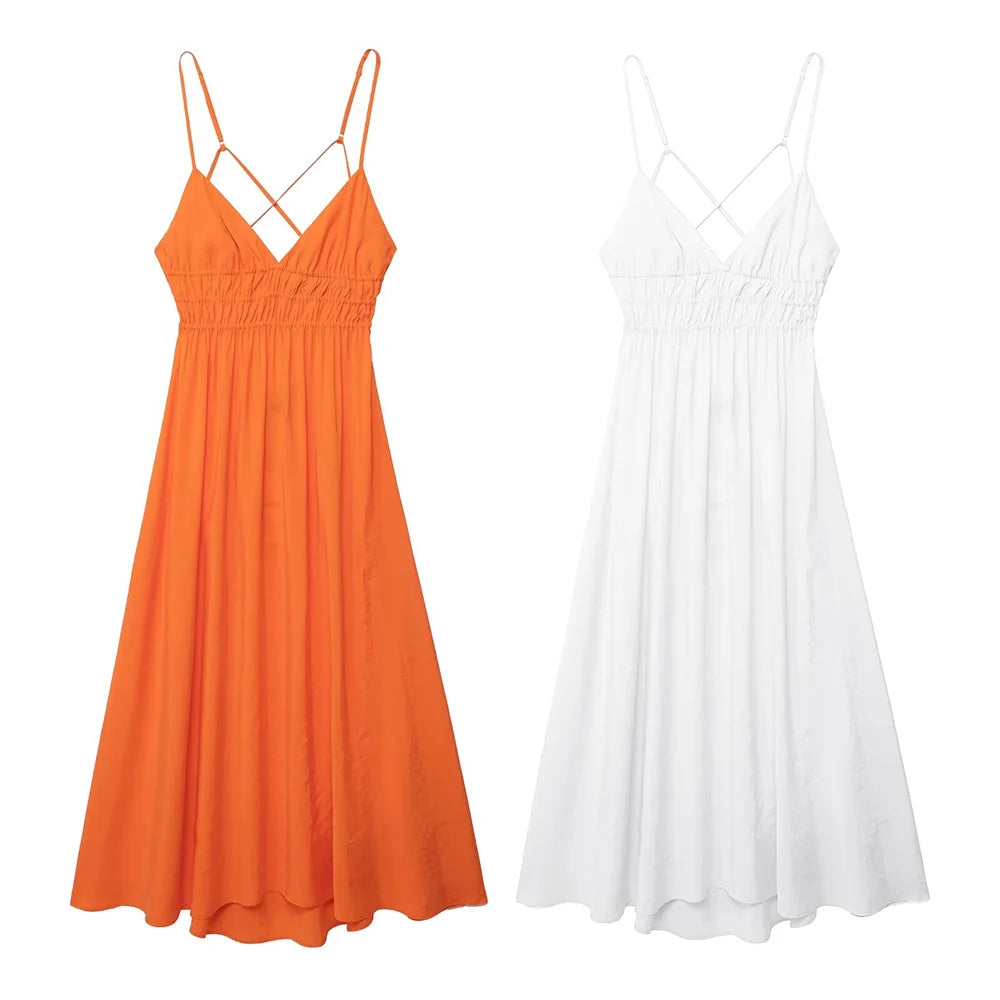 Slim Fit V Neck Open Back Dress For Women Summer Party Wear