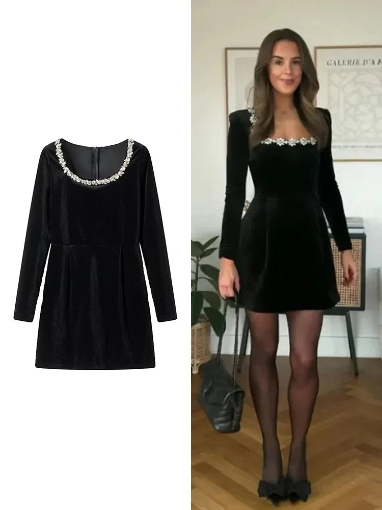 Beaded Mini Dress With Plunge Neckline And Long Sleeve