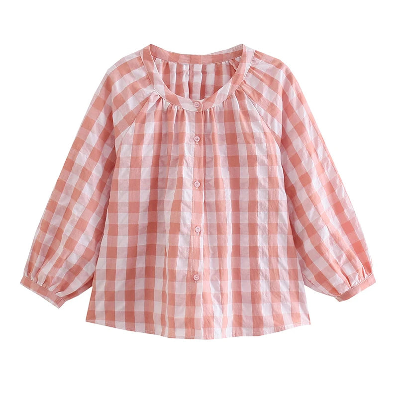 SIYANG Women’s Plaid Loose Fit Button Front O-Neck Blouse Casual Stylish Tops for Everyday Wear in soft pink check pattern.
