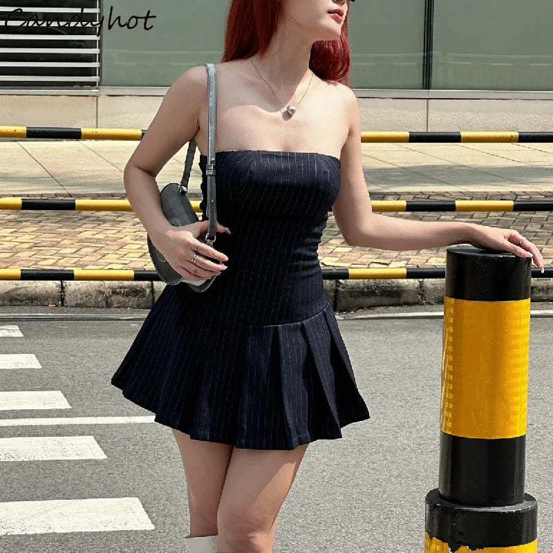 Korean Fashion Sleeveless Aline Dress Slash Neck Pleated