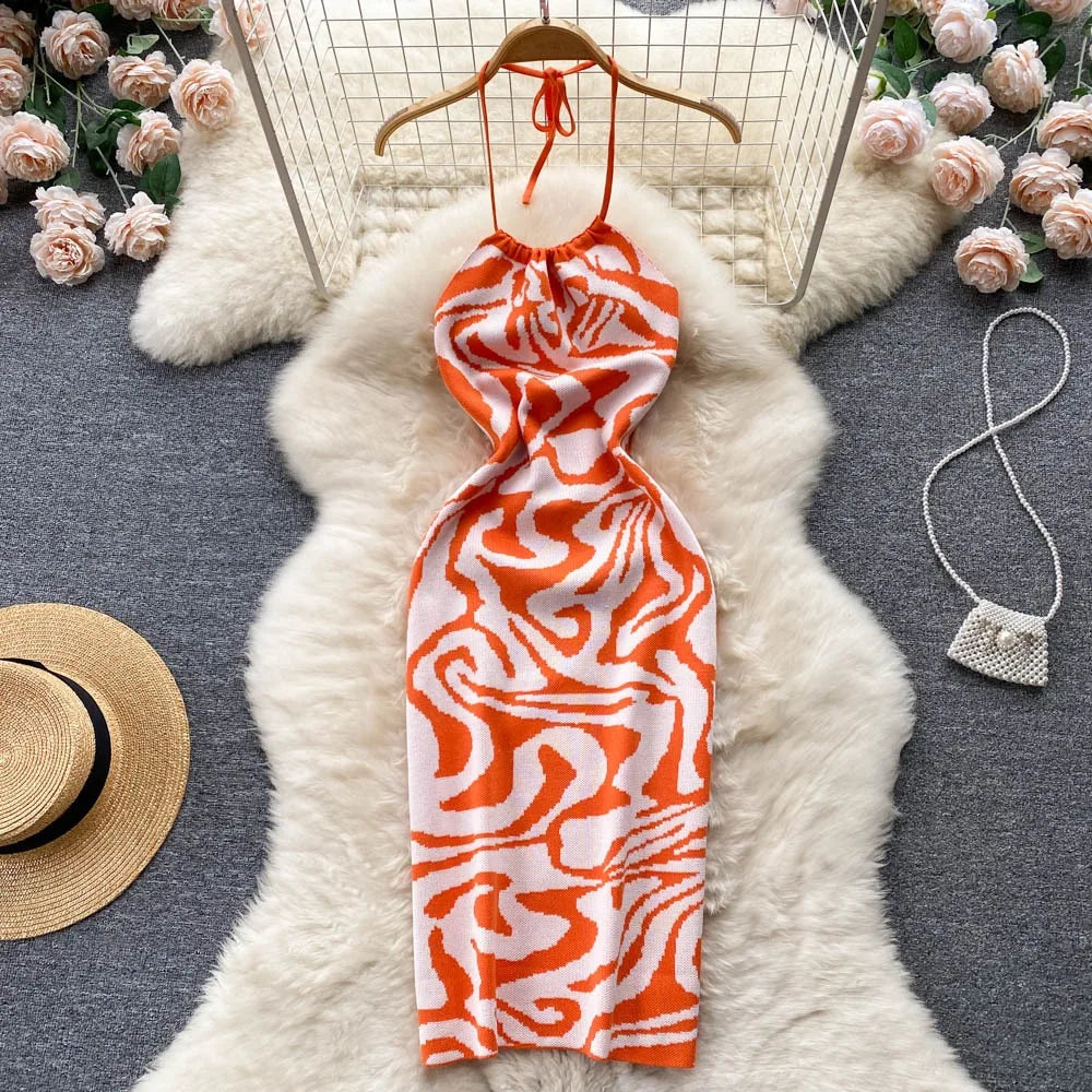 Backless Halter Knit Bodycon Beach Dress For Women Chic