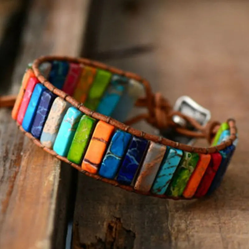 Colorful Bohemian Multicolor Chakra Healing Bracelet with Rectangular Stones and Leather Rope Woven Design for style.