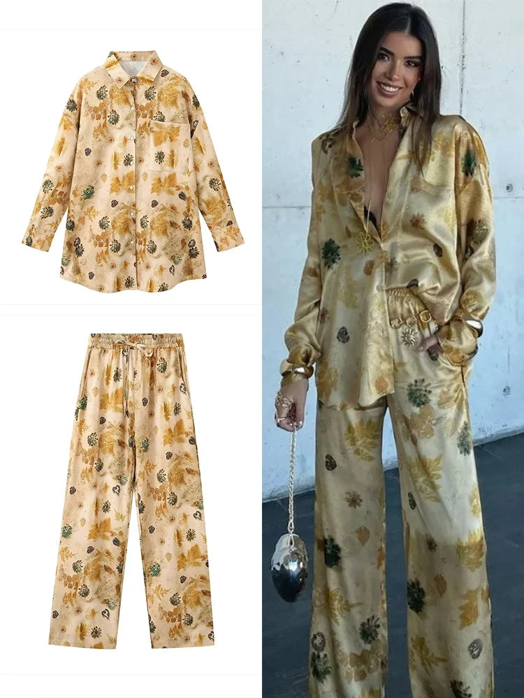 Stylish Ladies Printed Satin Casual Suit Blouse and High Waisted Wide Leg Trousers Set, perfect for elegance and comfort.
