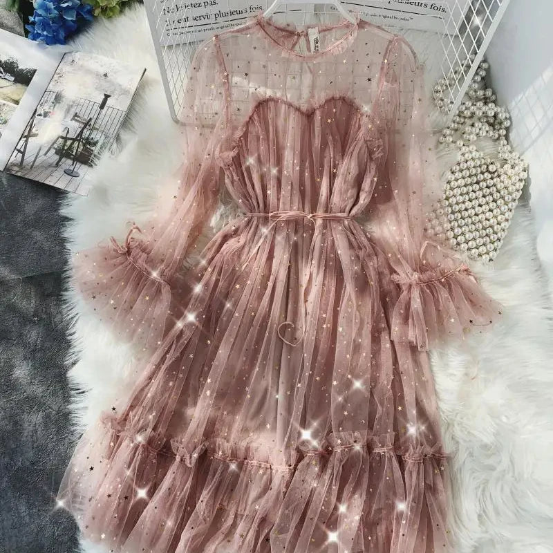 Sequined Mesh Fairy Dress For Women Party Gala Evening Wear