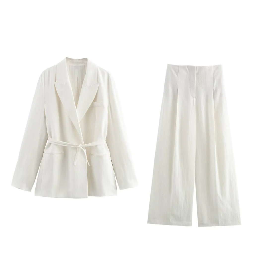 Stylish Women's Casual Lace-up Blazer and Wide-leg Trousers Set with Zipper Detail, perfect for spring and summer outfits.