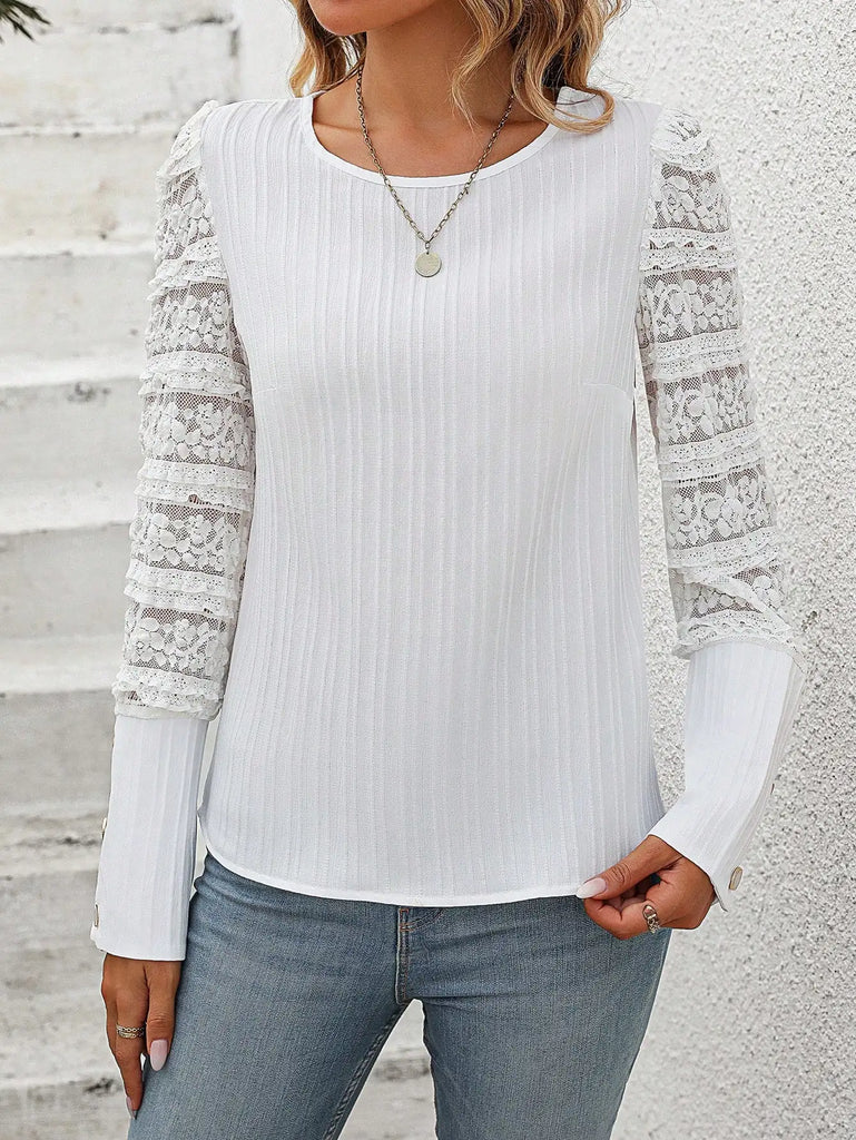 Stylish Elegant Women’s Small Round Neck Long Sleeve Lace Patchwork Hollow Casual Shirt, perfect for any occasion.
