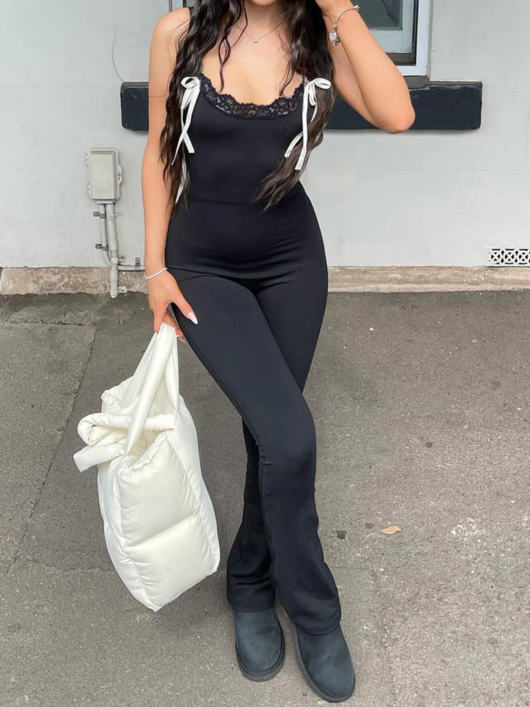 Stylish Black Sleeveless Skinny Flared Jumpsuit for Women with Lace Trim and Tie Bow Detail, perfect for any occasion.