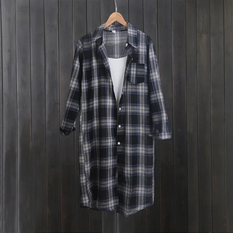 Stylish Women’s Plaid Long Sleeve Shirt Vintage Button-Up Blouse Casual Lightweight Summer Top hanging on a wooden hanger.