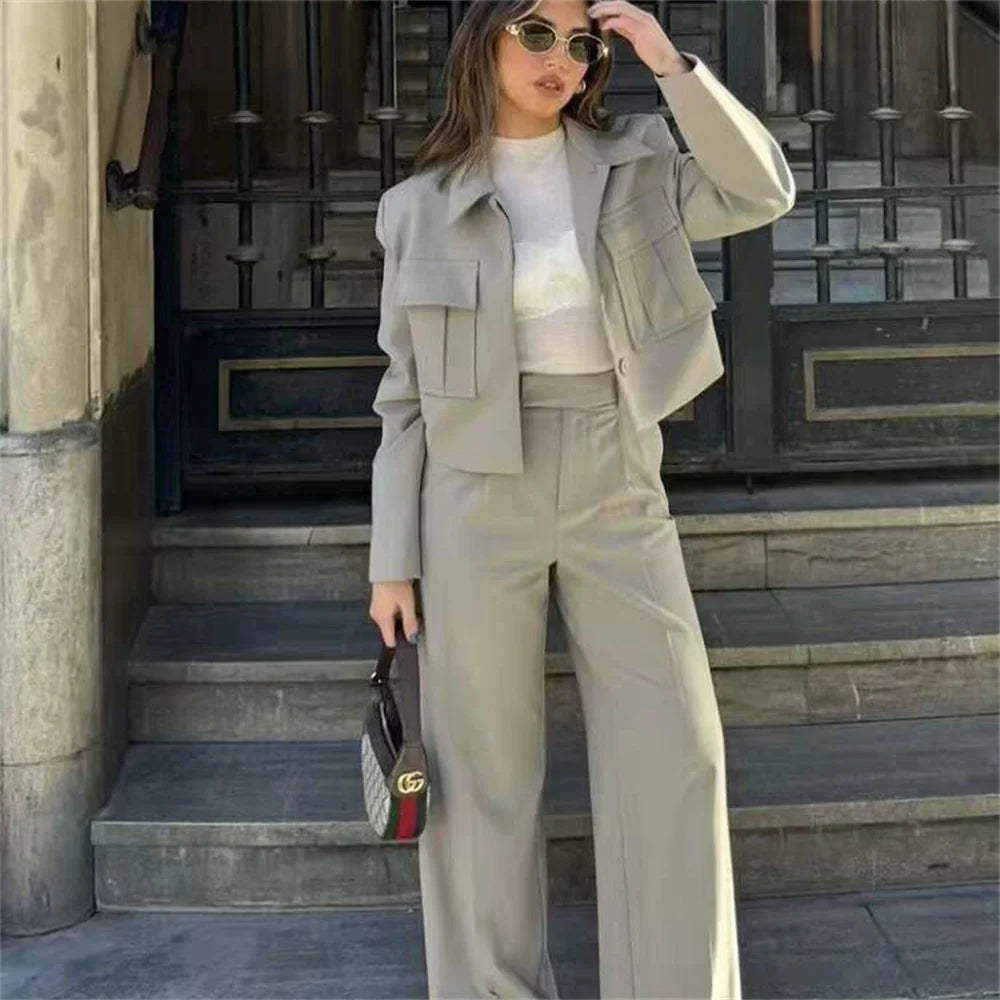 Stylish Taop&Za Women’s Fashion Two-Tone Double Pocket Coat and High Waist Wide Leg Pants Set for chic office and leisure wear.