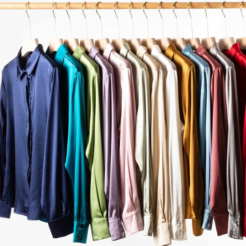 Classic Women Satin Silk Shirt 93% Mulberry Silk 7% Spandex, long sleeve office top in various solid colors, M-XXL.