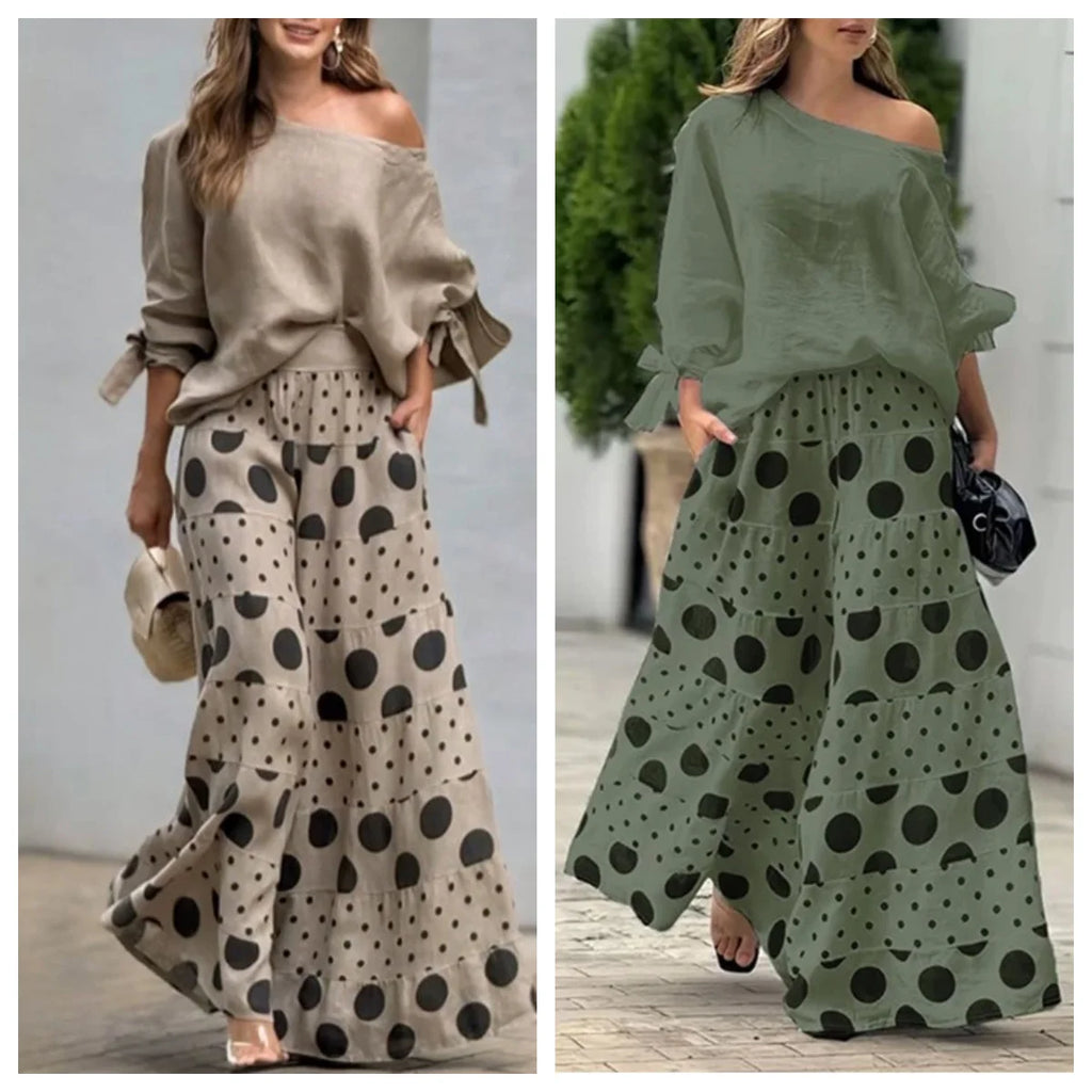 Stylish Off Shoulder Polka Dot Print Top and Wide Leg Pants Outfit for Women Casual Spring Autumn 2 Piece Set.