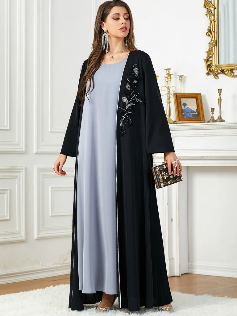 Muslim Abaya Maxi Dress With Floral Beading And Draped Kimono