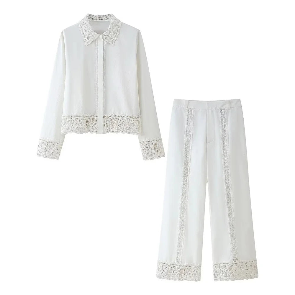 Crochet Shirt And Pants Set For Women With Long Sleeve Lapel And Straight Leg Pants Versatile Spring Fashion Ensemble