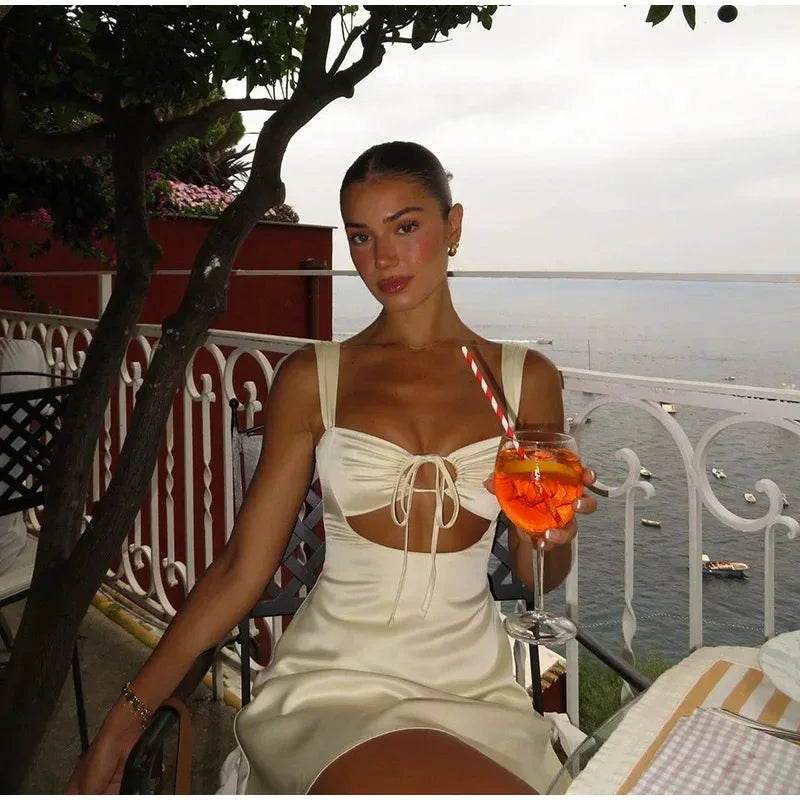 Silk Satin Backless Mini Dress With Square Neck Ruffles